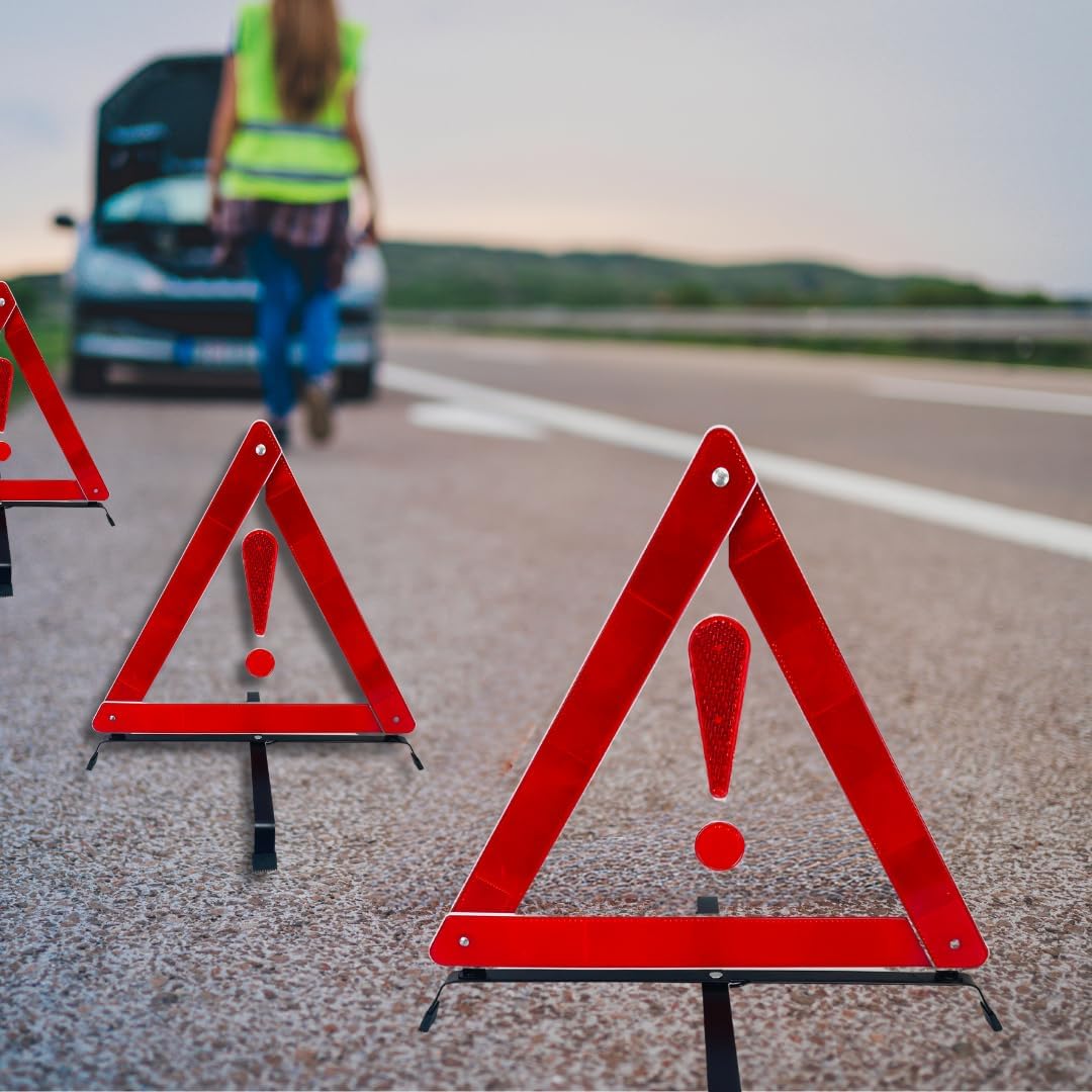3 Piece Reflective Road Safety Triangle with Warning Exclamation Point | High Visibility and Durable Construction || Foldable and Comes with Case