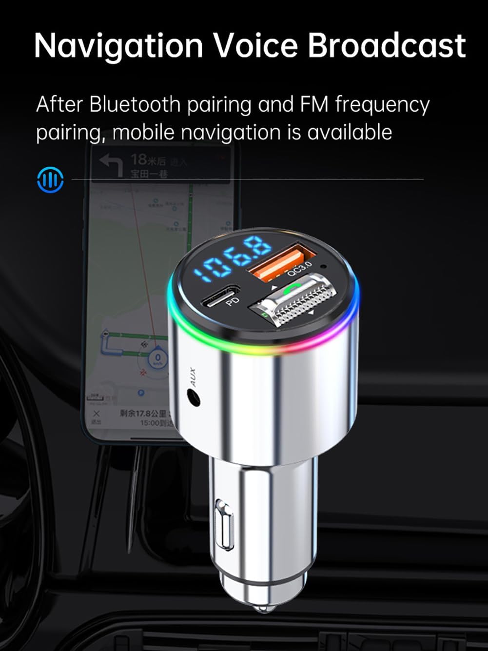 Upgraded V5.3 FM Bluetooth Transmitter Car, Full Metal Bluetooth Car Adapter, Hi-Fi Bass Sound, PD 30W & QC 18W, Handsfree Calls, 7 LED Colors, AUX Output
