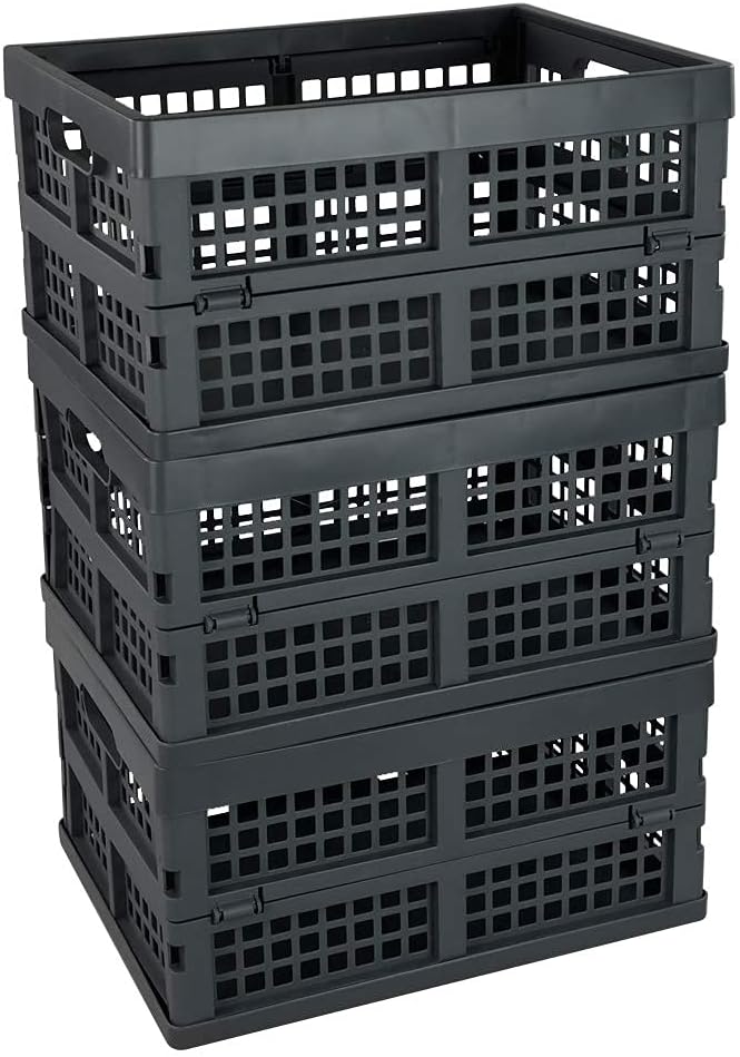 Idotry 3-PACK 15 L Folding Storage Crates, Stackable Collapsible Basket | Space-Saving Utility Containers, Dual Side Carry Cutout Handles, for Garage, Car, Grocery & Home Organization