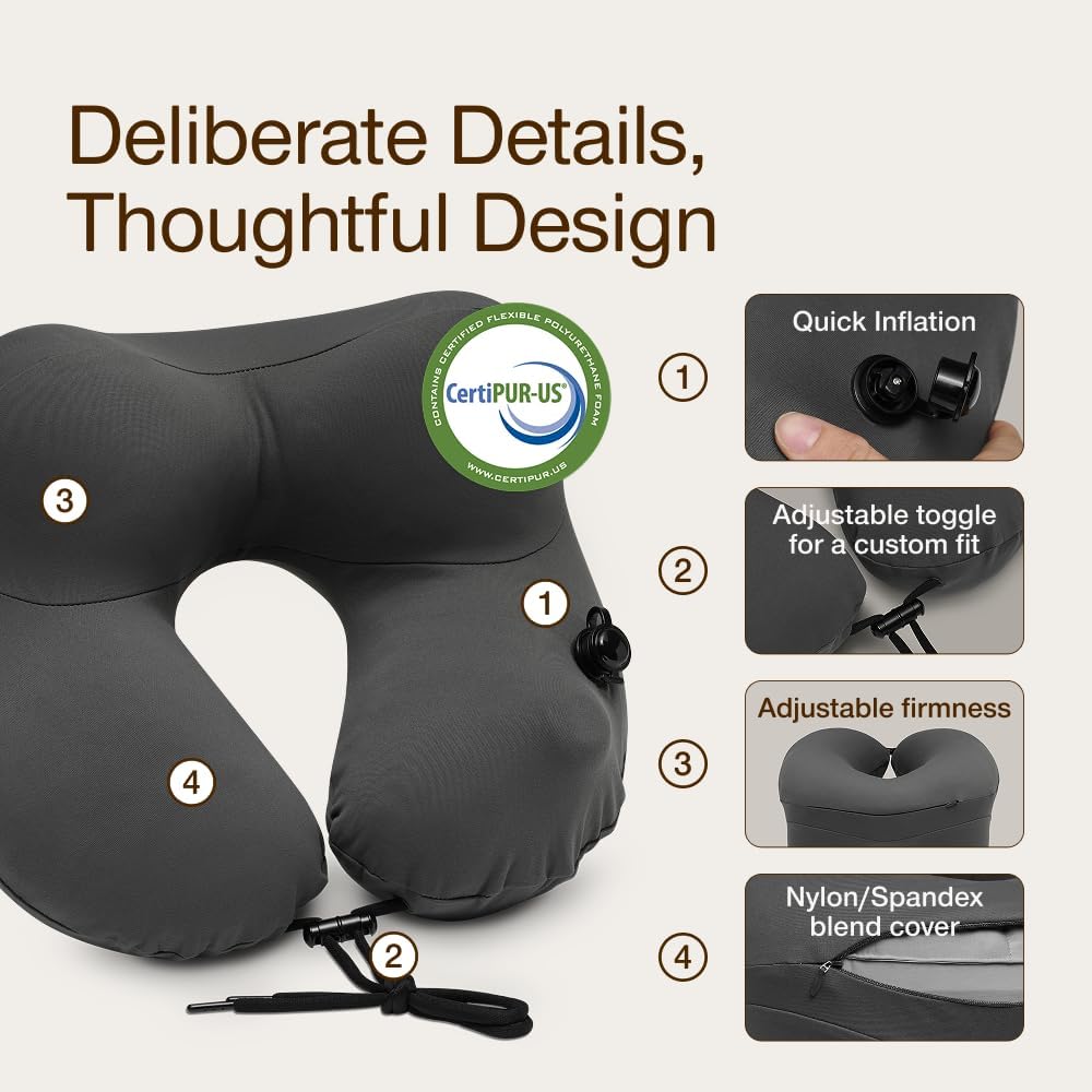 Coop Home Goods AirJustable Travel Neck Pillow, Inflatable, Adjustable Support for Neck & Chin, Compact, Soft Memory Foam Comfort, Airplane Travel Essentials, Cooling & Washable Cover