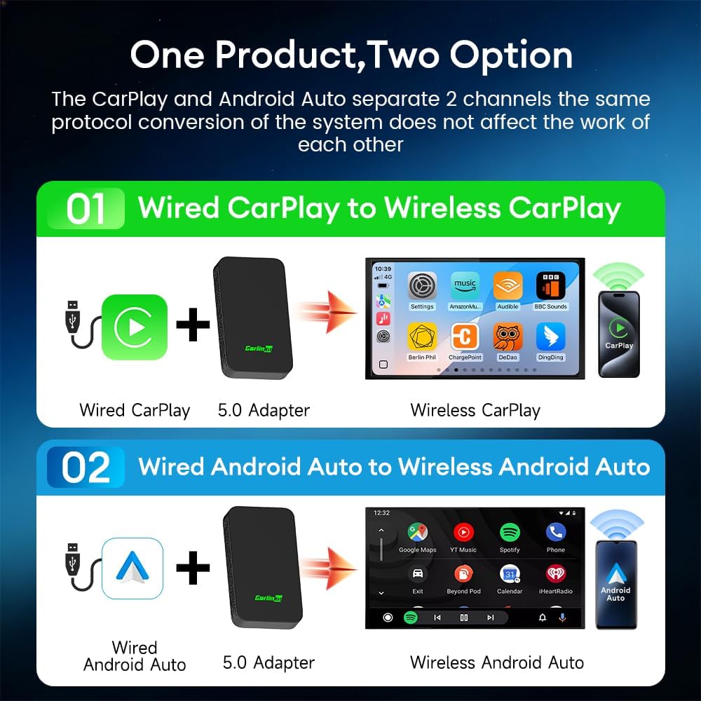 Carlinkit 5.0 Android Auto & Wireless CarPlay Adapter,Plug & Plug, Two Channel Connection, Online Update,for Cars with OEM Android Auto & Wired CarPlay (2016-2026), 10s Auto-Connect