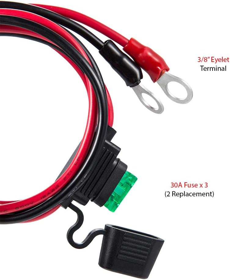 Battery Alligator Clips Clamp Clip-on to 3/8" Ring Eyelet Terminal Boost Cable Heavy-Duty 30A Fuse 12V/24V 12AWG Cord 6Ft