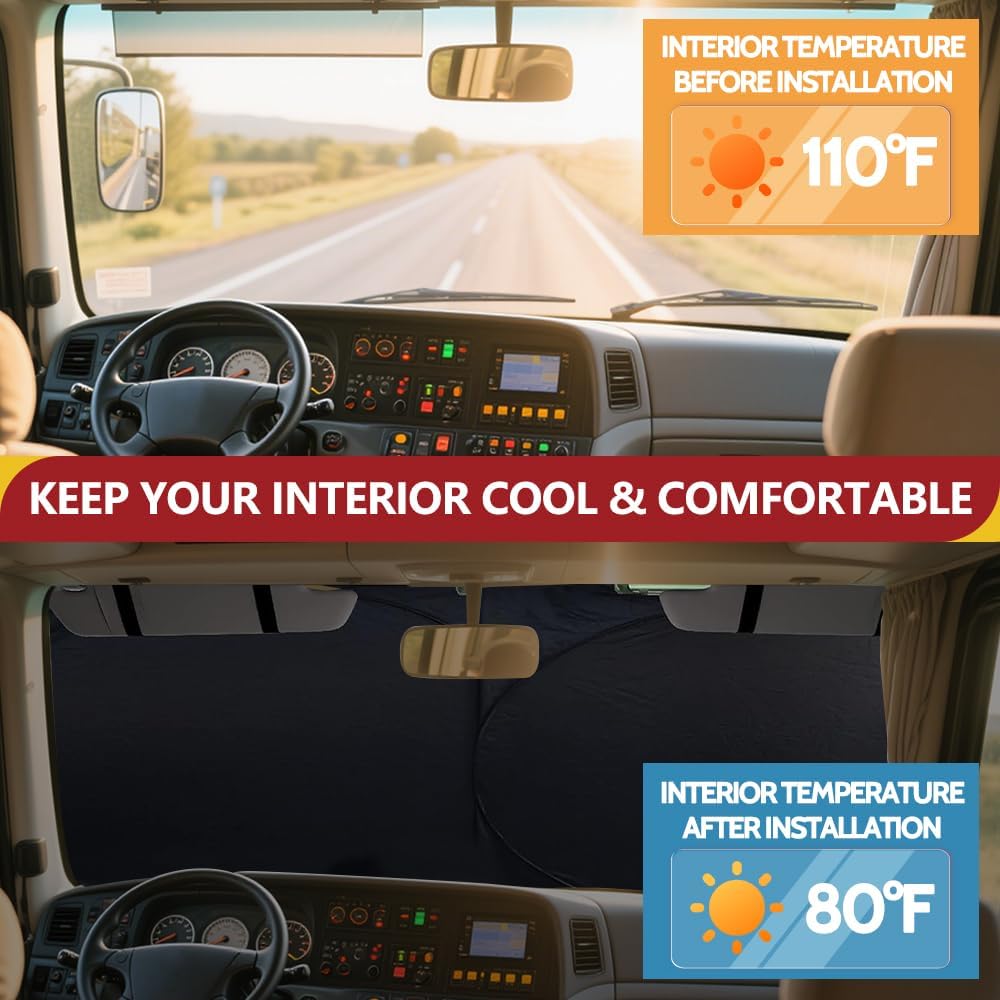 Class A RV Windshield Sunshade Cover, Reflective Window Film for Trailer Heat Blocker, RV Murts UV&Heat Front Truck Shade, Camper, Motorhome, Bus, XXXL-102 x 51 inches, Lightweight&Portable.
