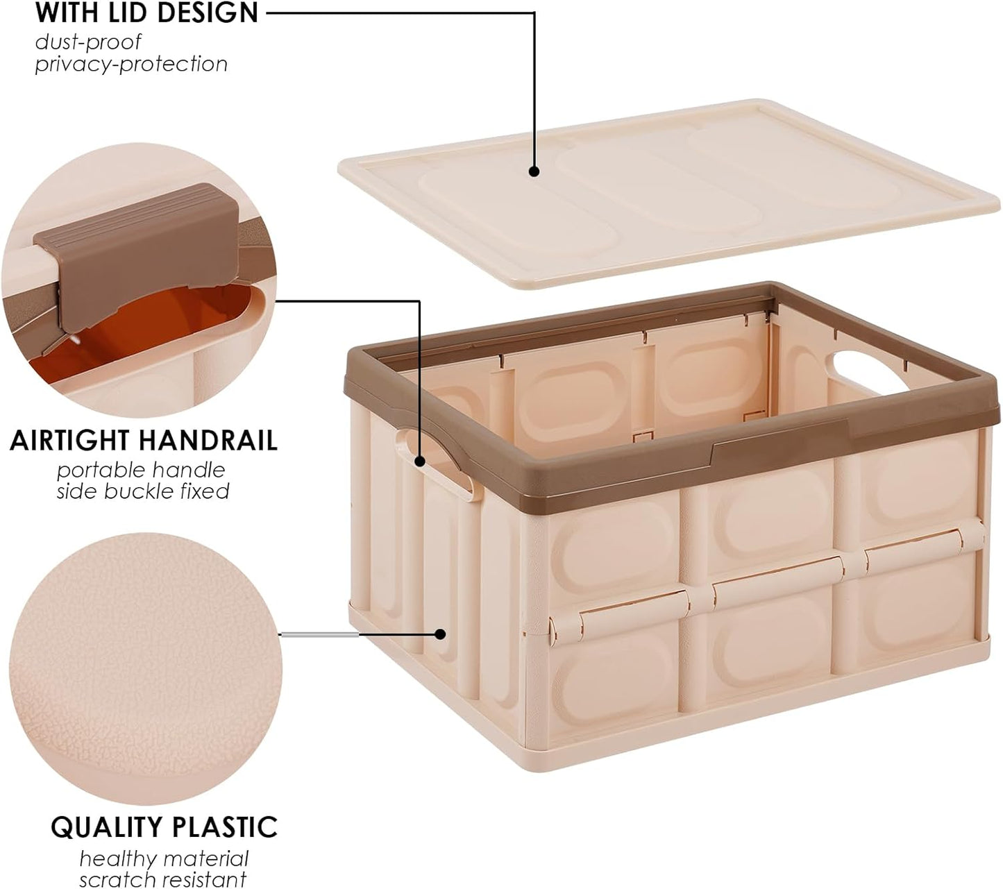 Phyllia Foldable Storage Boxes with Lids, 3-Pack Collapsible Plastic Storage Bins Organizer Containers Baskets Cub with Cover,Stackable Utility Crates Storage Box (Brown, 30L)