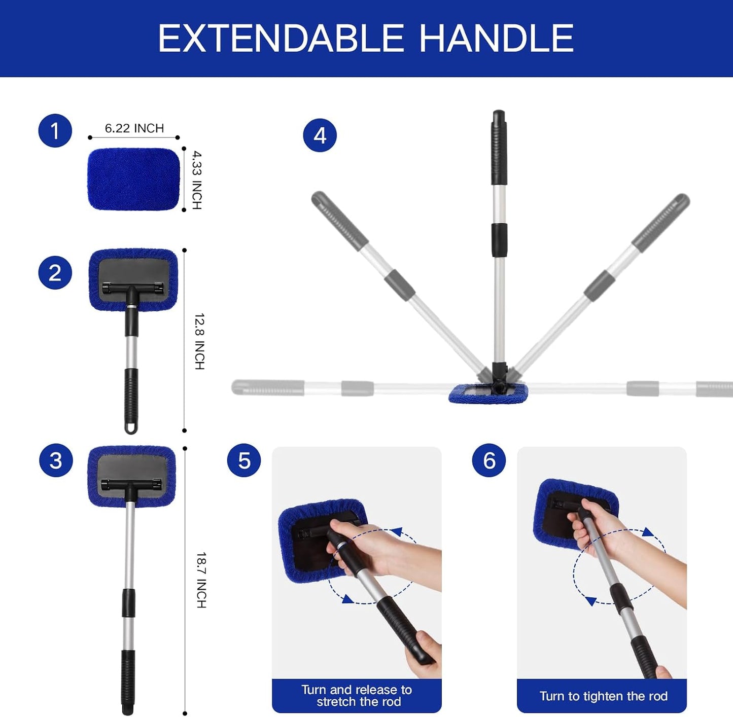 Qydipclin 11pcs Windshield Cleaner Tool, Car Window Cleaning Wash Kit with 6 Reusable Microfiber Pads 2 Spray Bottles and Extendable Handles Auto Glass Wiper Kit, Blue