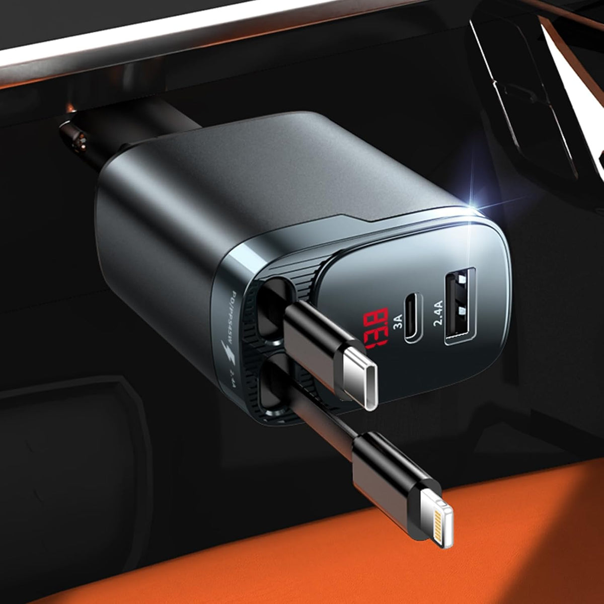 84W Retractable Car Charger, 4-in-1 Car Charger USB C Fast Charge Adapter