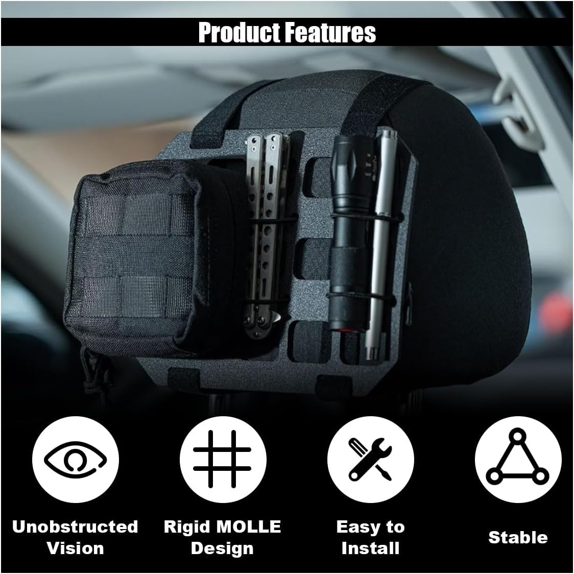 Car Headrest Organizer Rigid MOLLE Panel, Tactical Gear Seat Back Organizer, EDC Pouch Tool Gadget Holder, Backpack Insert Panel for Truck Equipment Mount Plate Modular Storage Shelf (Headrest Panel)