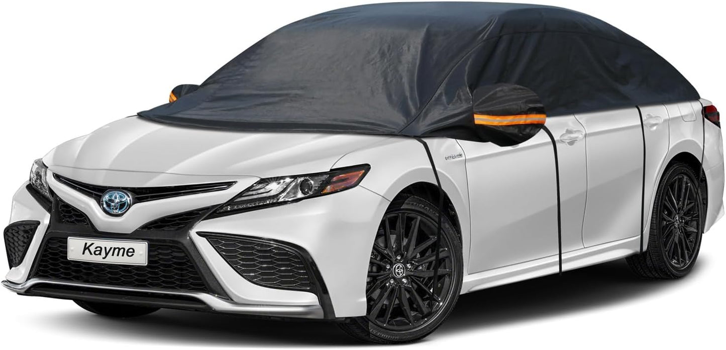 Kayme Half Car Cover, Windshield Cover for Ice and Snow Top with Reflective Straps, Roof Cover Waterproof All Weather Dust, Sun Protection. Front Rear Window Cover Fit Sedan. 3L (UP to 127'')