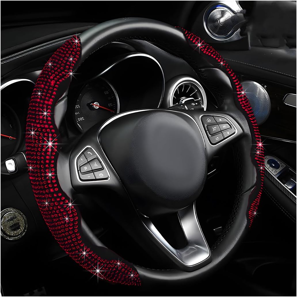 2 PCS Steering Wheel Cover, Segmented Car Wheel Covers with Crystal Rhinestones, Non-Slip Protector Bling Sparkly Decoration for Most Steering Wheels, Car Accessories (Red)