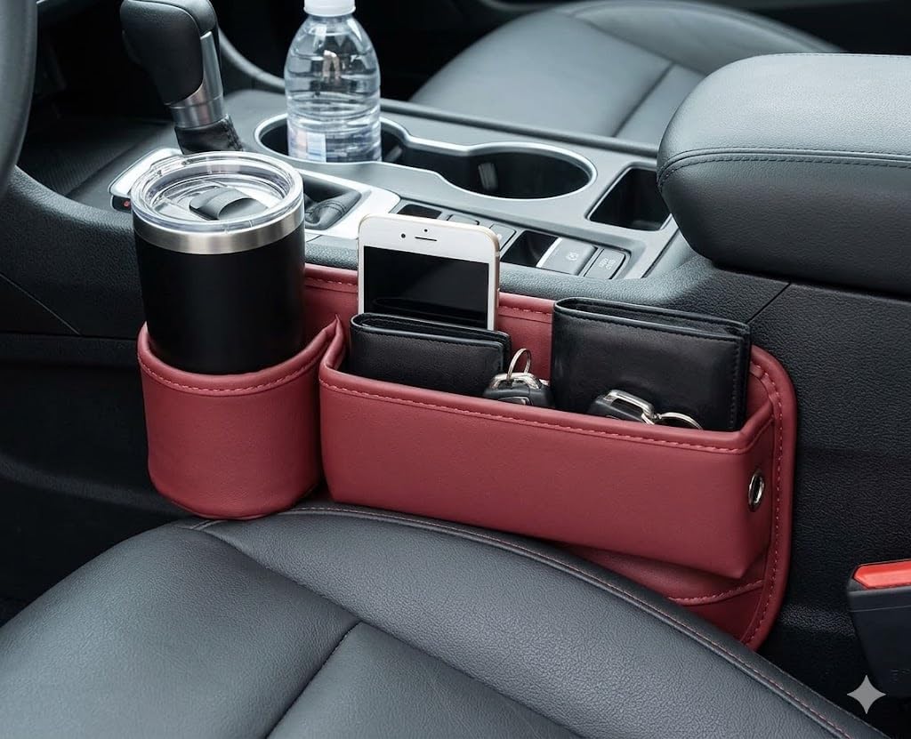 Car Seat Gap Filler Organizer with Cup Holder, Premium Leather Seat Gap Filler, Anti-Drop Car Seat Gap Organizer for Phone, Keys & Wallet, Universal Front Seat Console Organizer for Car, SUV & Truck