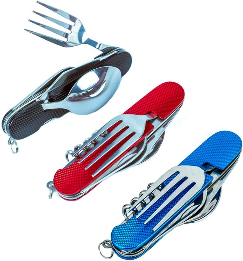 Cluck 6-in-1 Multi-Function Camping Utensil Flatware Set Detachable Spoon Fork Knife Combo Mess Kit with Carrying Pouch (Red + Black)