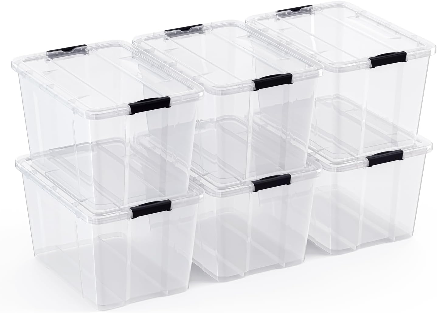 Lifetime Appliance Parts 6 PACK 34 Qt. Plastic Storage Bin Tote Organizing Container with Ultra Durable Lid & Secure Latching Buckles Stackable Extra Strength Clear w/Black Handle