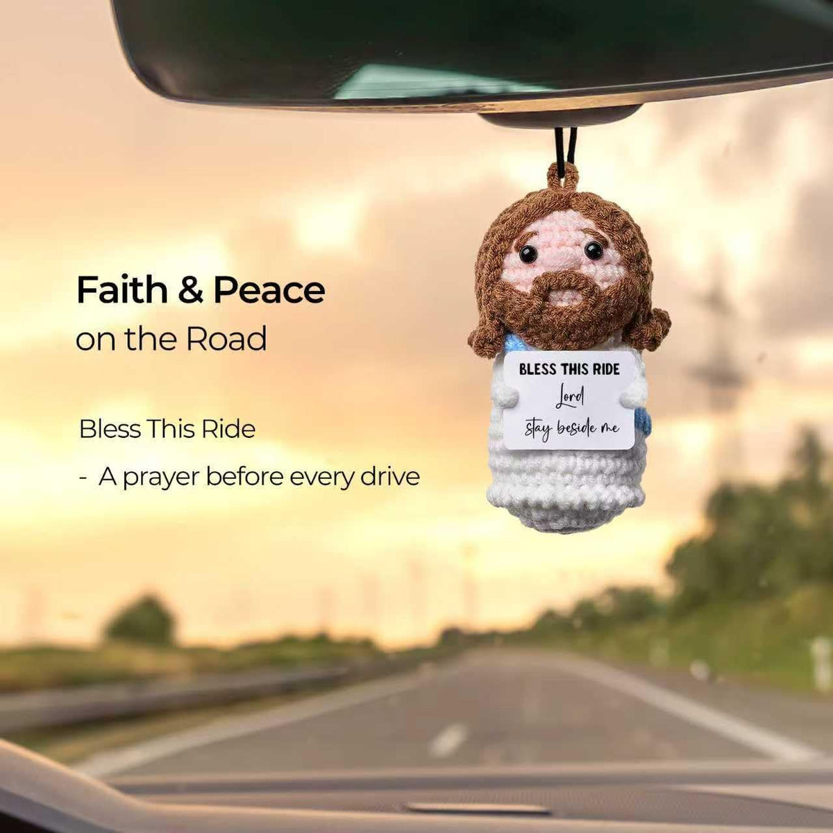 Bless This Ride Handmade Crochet Jesus Rearview Mirror Charm, with Safe Drive Blessing, Gift for Husband, Boyfriend or a Loved One, New Car Gift, Christian Car Accessory,Gifts for Father's Day.