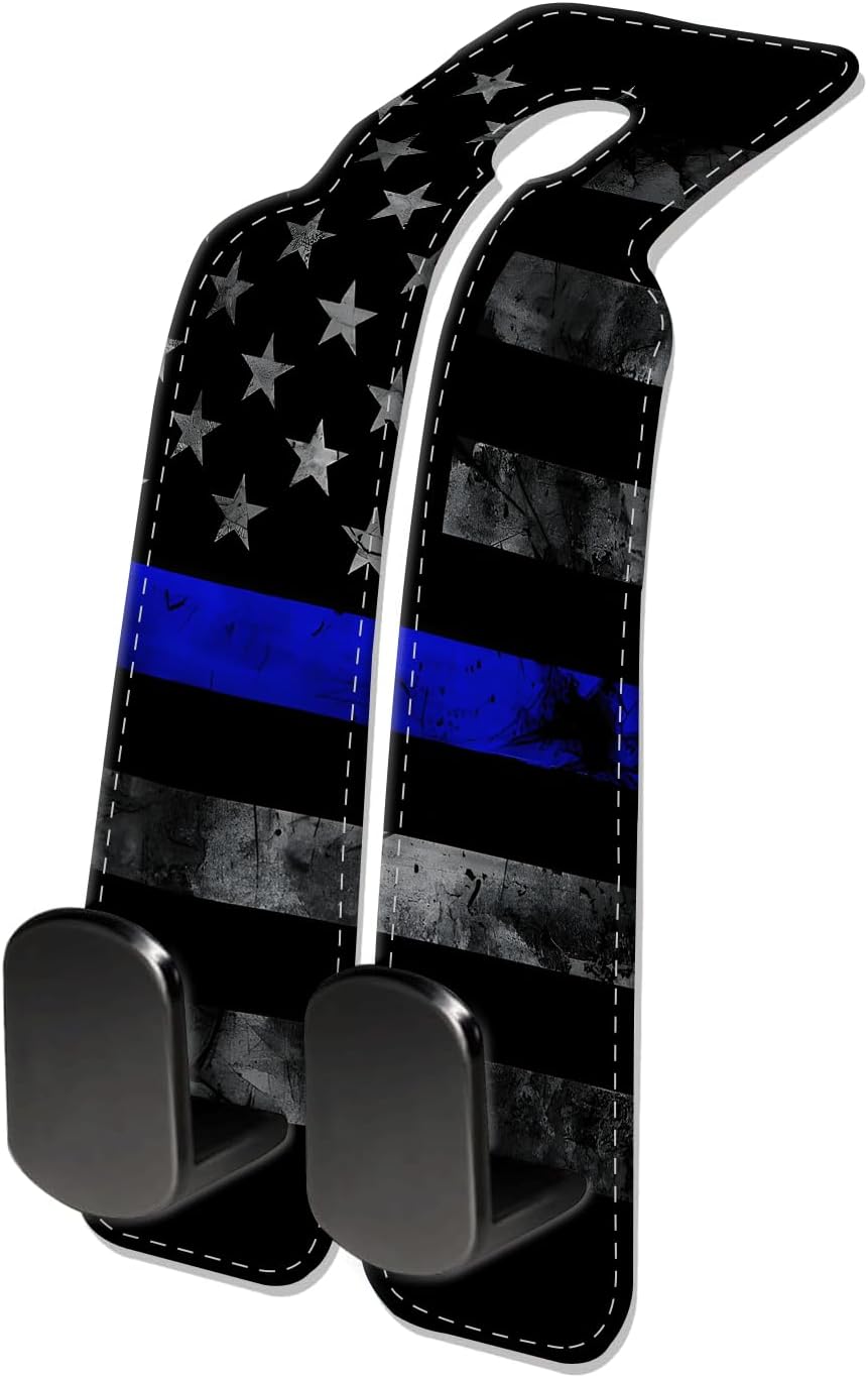 Car Seat Headrest Hook, Universal Leather Cute Hanger Holder Hook, Storage Organizer Interior Accessories for Purse Bags Handbag Black Blue American Flag
