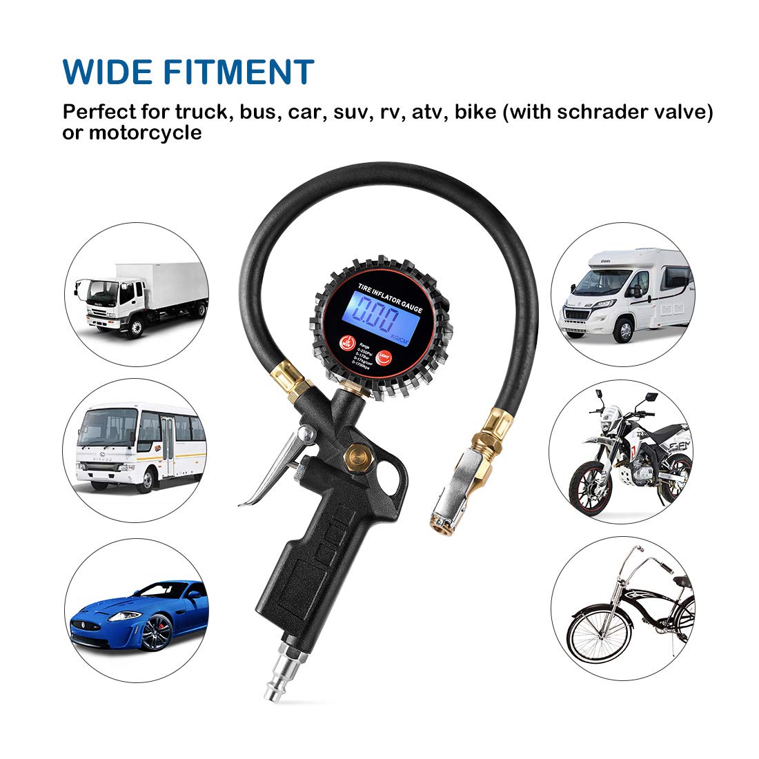 CZC AUTO Digital Tire Inflator Pressure Gauge, LED Display-250PSI, 4 Ranges