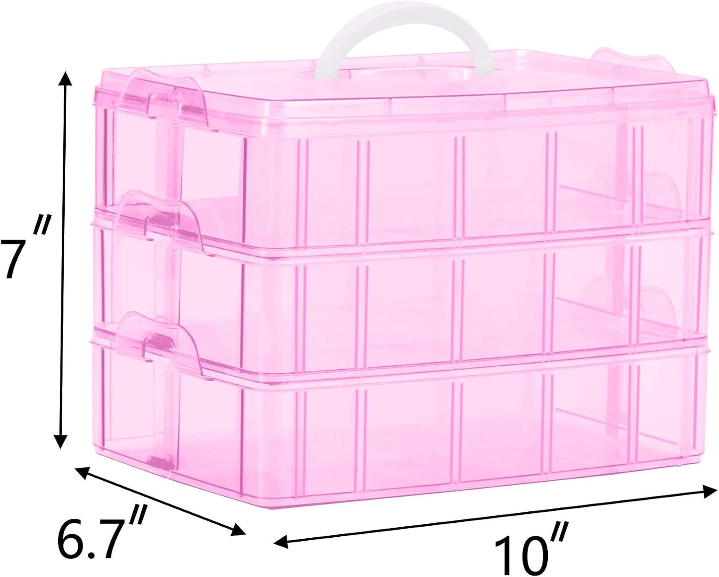 Sooyee Bead Organizer, 3-Tier Craft Organizers and Storage, Stackable Storage Containers with 30 Compartments Dividers for Washi Tape, Toy, Nail, Art Supplies, Fishing Tackle, Pink