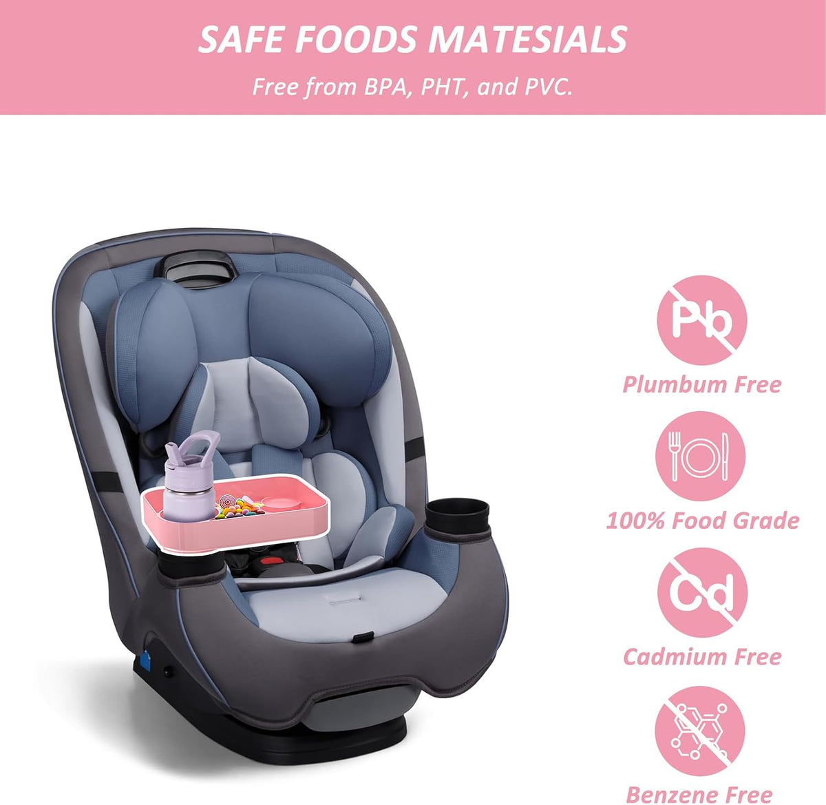 Car Seat Snack Tray for Toddlers, Reduces Mess Square Travel Tray Cup Holder Snack Tray, Durable Car Food Tray for Kids, Universal Fit Kids Travel Road Trip Essentials(Pink)