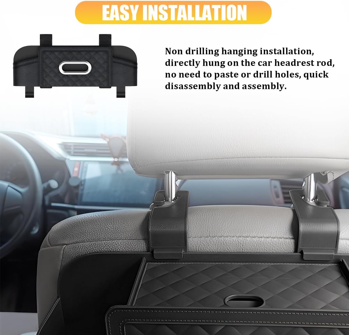 Car Headrest Backseat Organizer, Multifunctional 4-in-1 Back Seat Tissue Box with Cup Holder & Hooks, Auto Interior Seat Back Storage Box for Phone, Snack, Drinks, Universal Fit (Black)