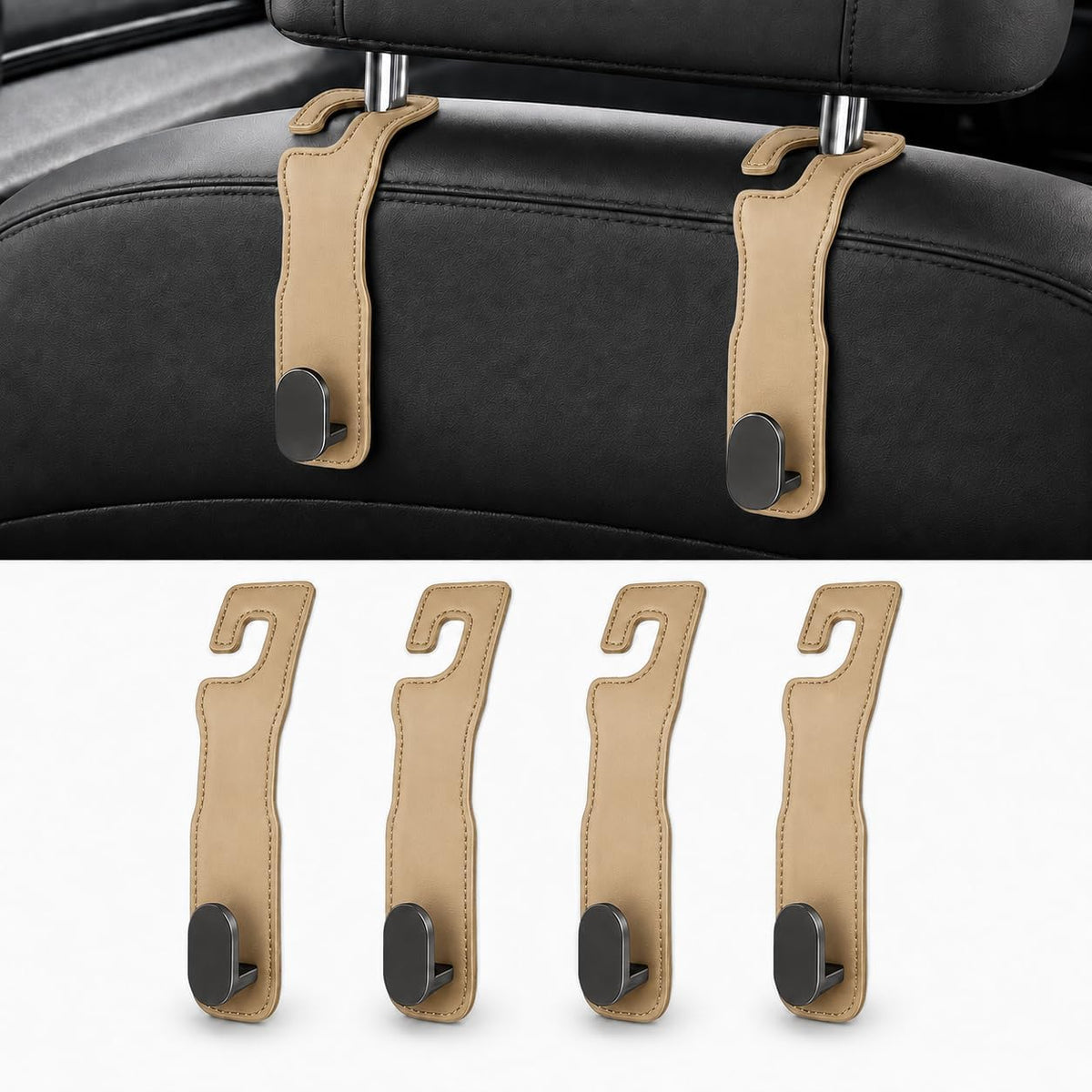 4 Pcs Car Headrest Hooks, Heavy-Duty PU Leather & Stainless Steel Car Seat Organizer for Purses & Bags, Supports Up to 44 lbs