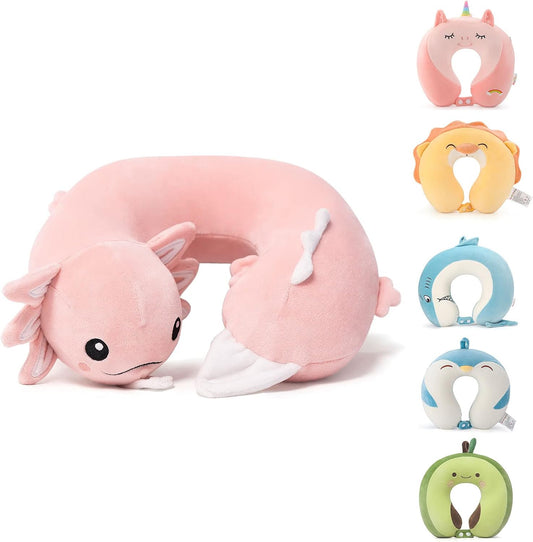 Niuniu Daddy Pink Axolotl Kids Travel Neck Pillow (3-8 Y/O), Memory Foam Toddler Pillows for Head &amp; Chin Support, Cute Sleeping Essentials for Car Seat, Airplane, Stroller and Long Road Trip