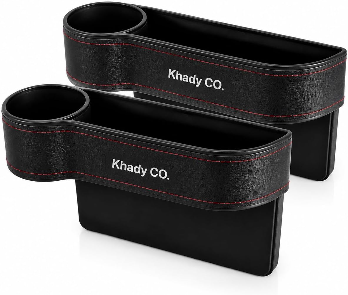 2-Pack Car Seat Gap Filler Organizer with Cup Holder & Phone Slot, PU Leather Car Storage Pocket, Universal seat Gap Organizer for Driver and Passenger Side, (Black)