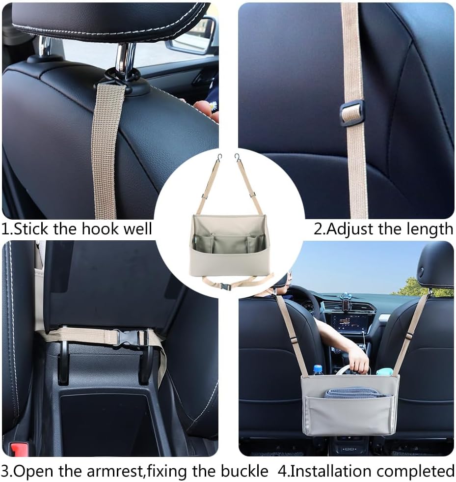 Viaviat Car Handbag Purse Holder Between Seats Leather Car Front Seat Storage Bag Large Capacity Car Organizers for Book Document Phone Bottle Tissue Toy (Beige Style-1)