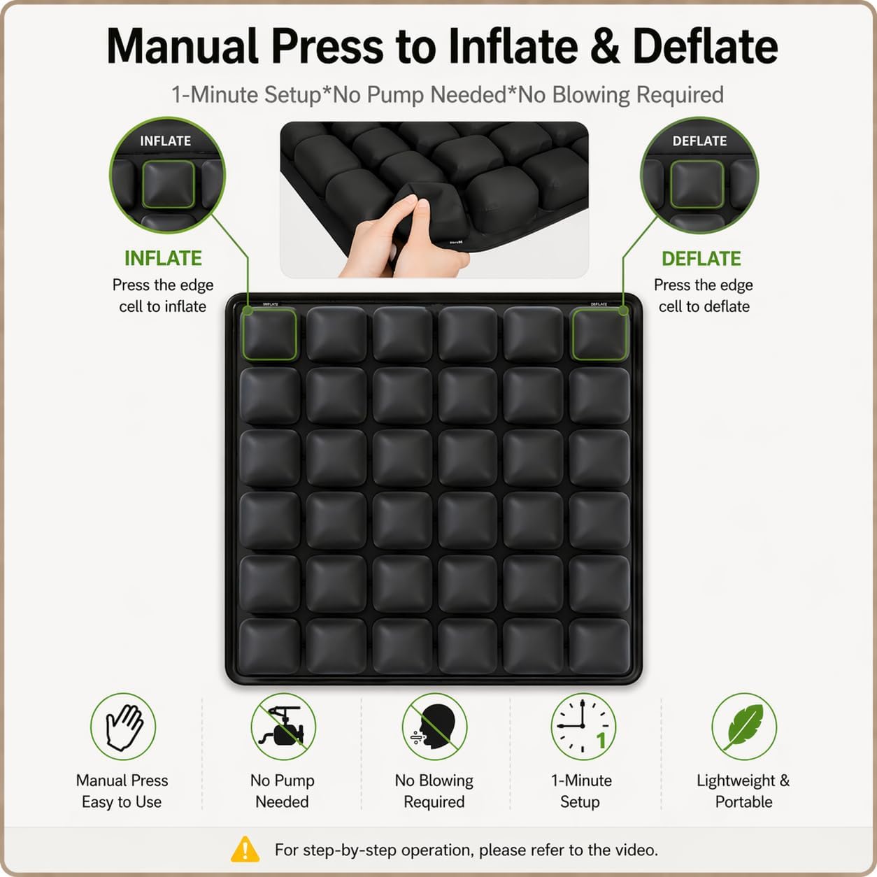 Inflatable Travel Seat Cushion for Airplane, Press-to-Inflate Air Cell Cushion, Portable & Foldable for Long Sitting, Car, Office, Wheelchair (30-Cell Air Cushion (Hollow Center))