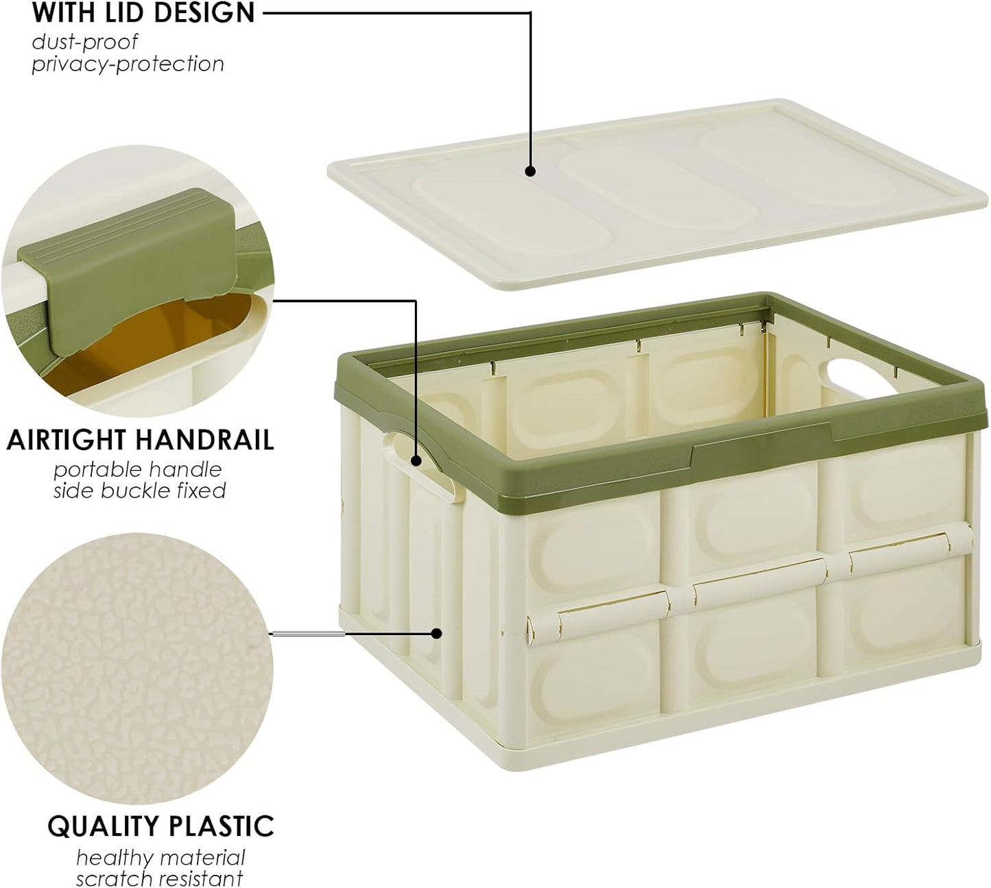 Phyllia Foldable Storage Boxes with Lids, 3 Pack Collapsible Plastic Storage Bins Organizer Containers Baskets Cub with Cover,Stackable Utility Crates Storage Box (Green, 30L)