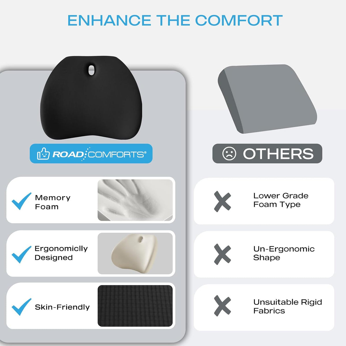Road Comforts Memory Foam Lumbar Support Pillow – Ergonomic Back Cushion for Office, Car, Home & Travel – Lower Back Pain Relief, Removable Washable Cover (Black)