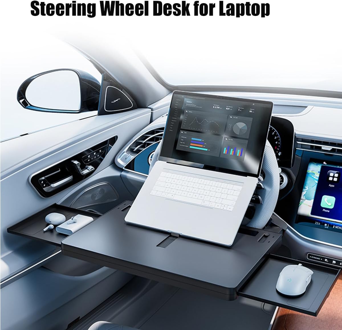 2 in 1 Large Steering Wheel Desk with Dual Slide-Out Trays & Laptop Holder, Steering Wheel Table Tray Fits for Most Cars, Adjustable Laptop Tray for Car