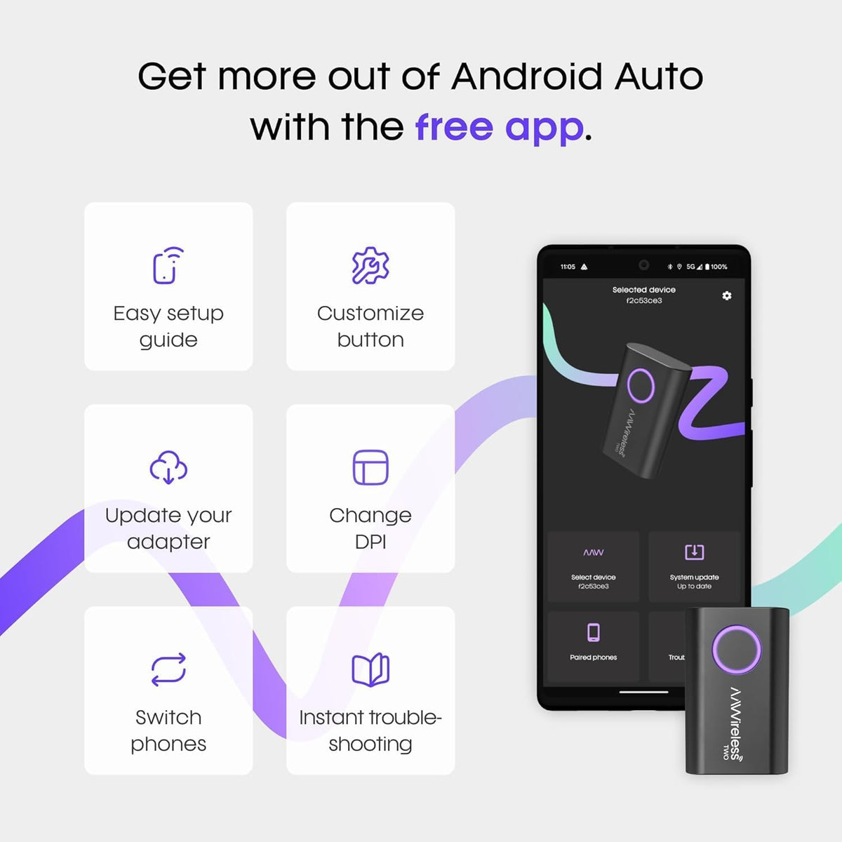 AAWireless Two – Wireless Android Auto Adapter – Convert Factory Wired Android Auto to Wireless – Bluetooth & Wi-Fi Auto Connect – Easy Plug & Play – Multifunction Button – Made in Europe