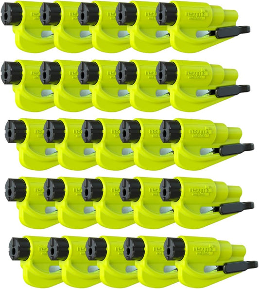 resqme Pack of 25 The Original Emergency Keychain Car Escape Tool, 2-in-1 Seatbelt Cutter and Window Breaker, Made in USA, Yellow - Compact Emergency Hammer