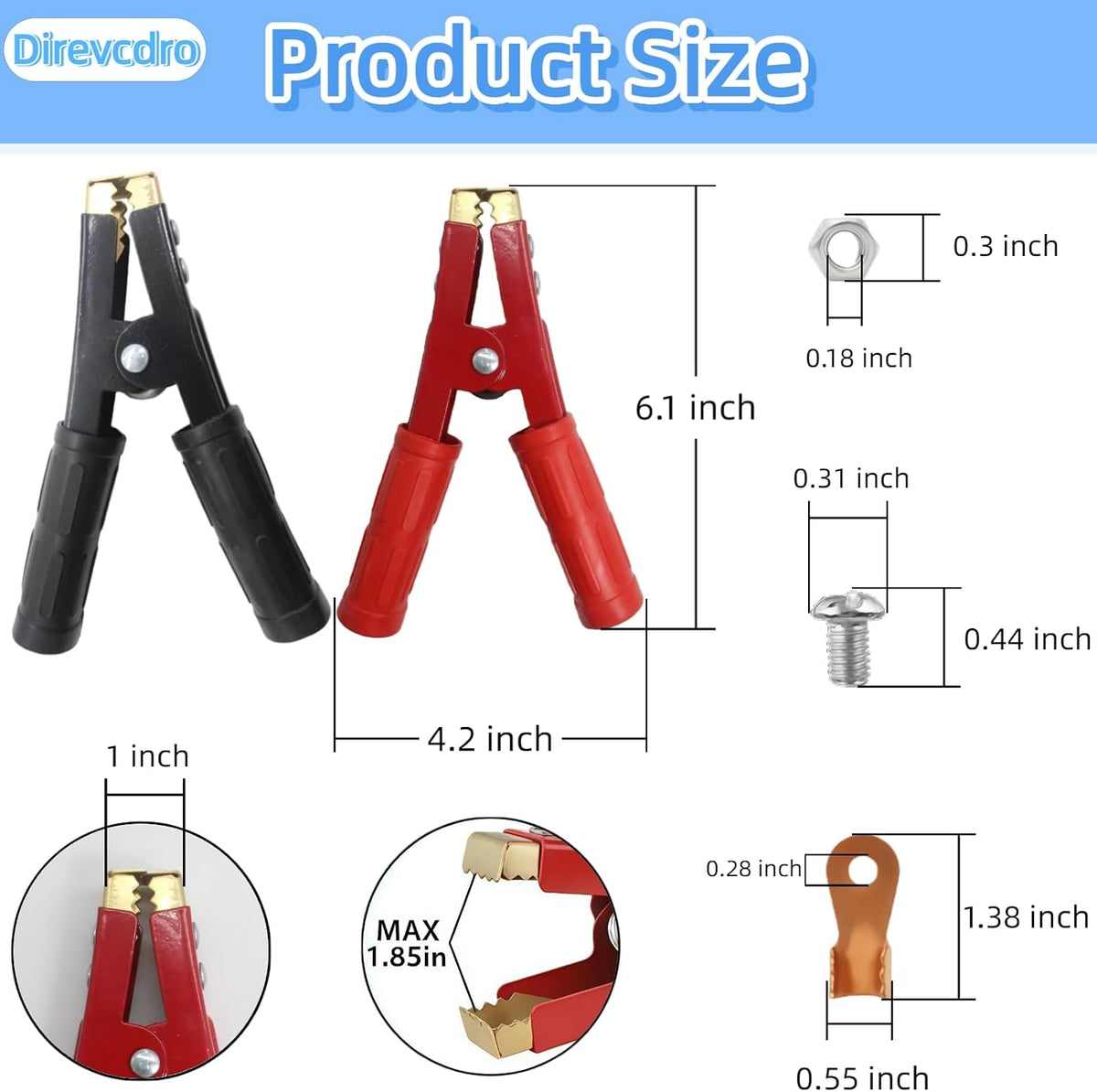 4PCS Heavy Duty Battery Jumper Cable Clamps, 1000A Pure Copper Alligator Clips Replacement for Car Battery Charger, Booster Cable Ends for Auto Vehicle Truck Boat, 12V-24V (2 Red & 2 Black)