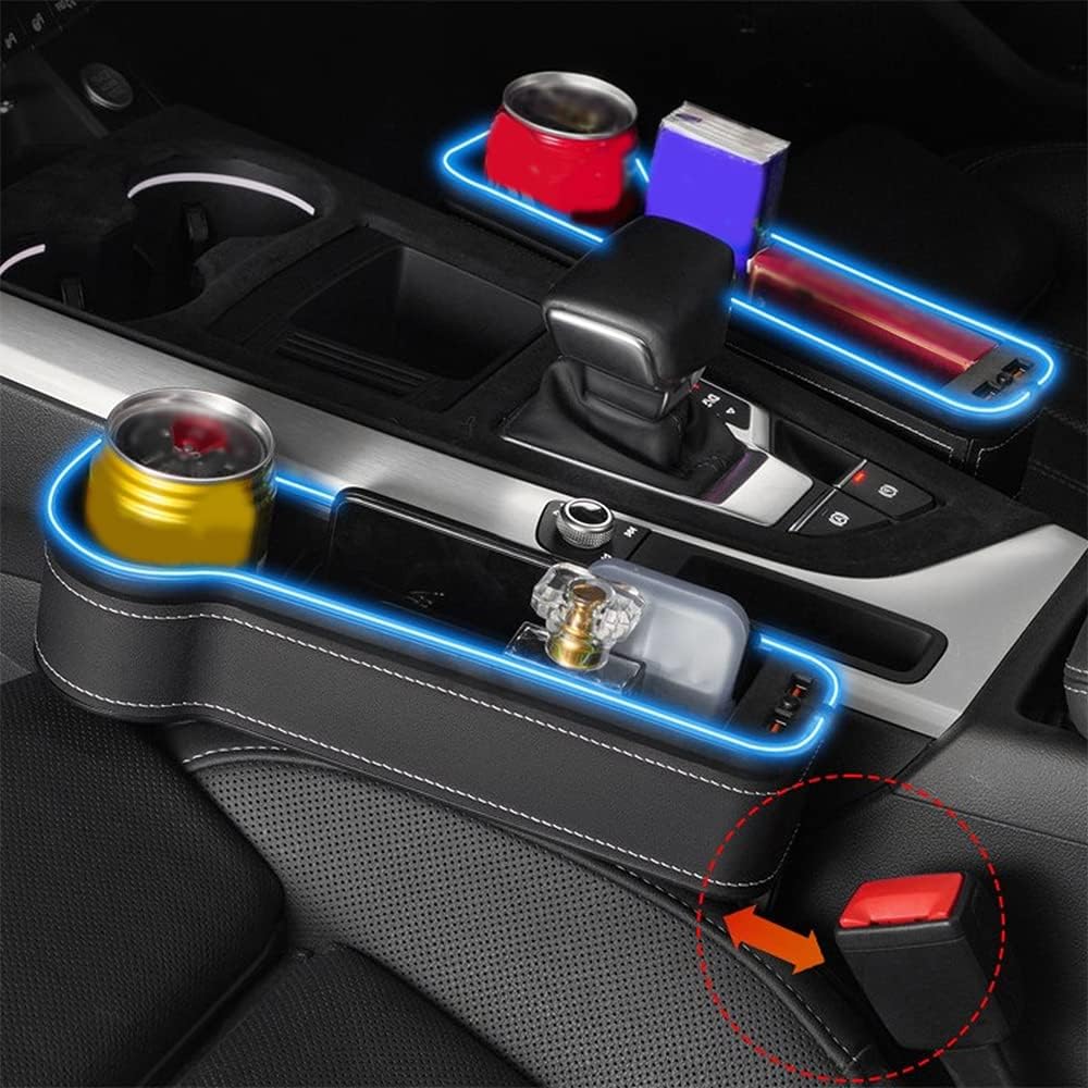 Car Seat Organizer Between Seats Cup Holder with LED Lights, Car Seat Gap Filler Organizer, Multifunctional Seat Gap Organizer Storage Box with USB Charge Port - Black (RGB Light)