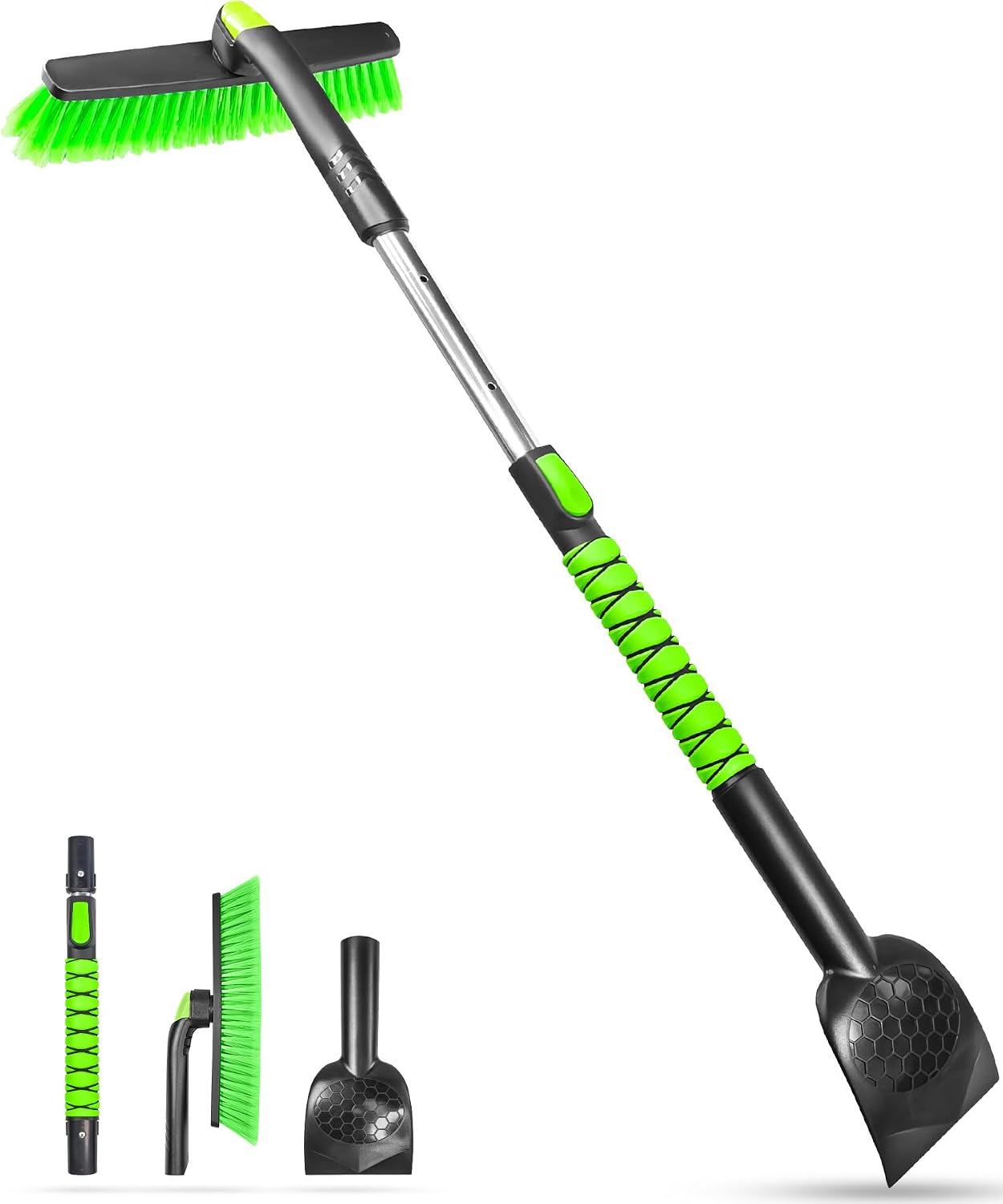 SEAAES 45 Inch Snow Brush with 5.2" Extra Wide Ice Scraper for Car, Extendable Snow Scraper with Foam Grip, 360° Pivoting Brush for SUV Truck Jeep Vehicle Windshield Window - Green