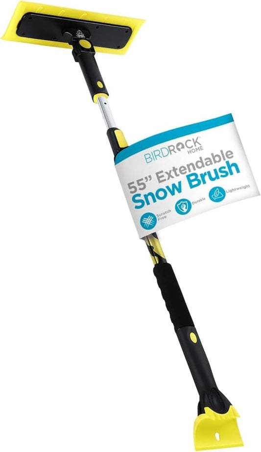 BIRDROCK HOME 55" Extendable Snow Brush & Ice Scraper for Car Windshield - Long Aluminum Grip for Truck, SUV - 14" Foam Head - Safe on Auto & Windows - Wide Frost Remover - Yellow