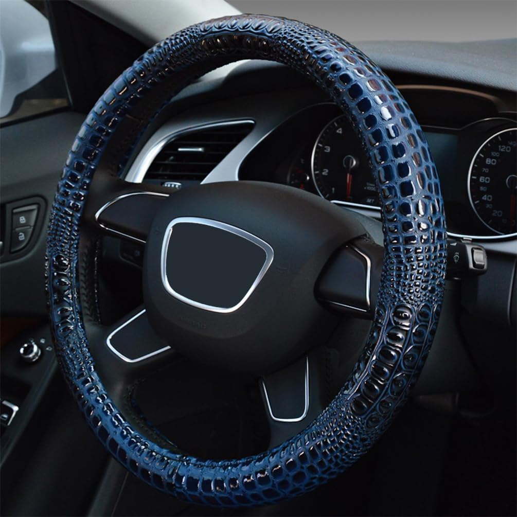Crocodile Grain Leather Four Seasons Universal Car Steering Wheel Cover Sport Cute Handle Case for Men Auto Interior Accessories, Brown