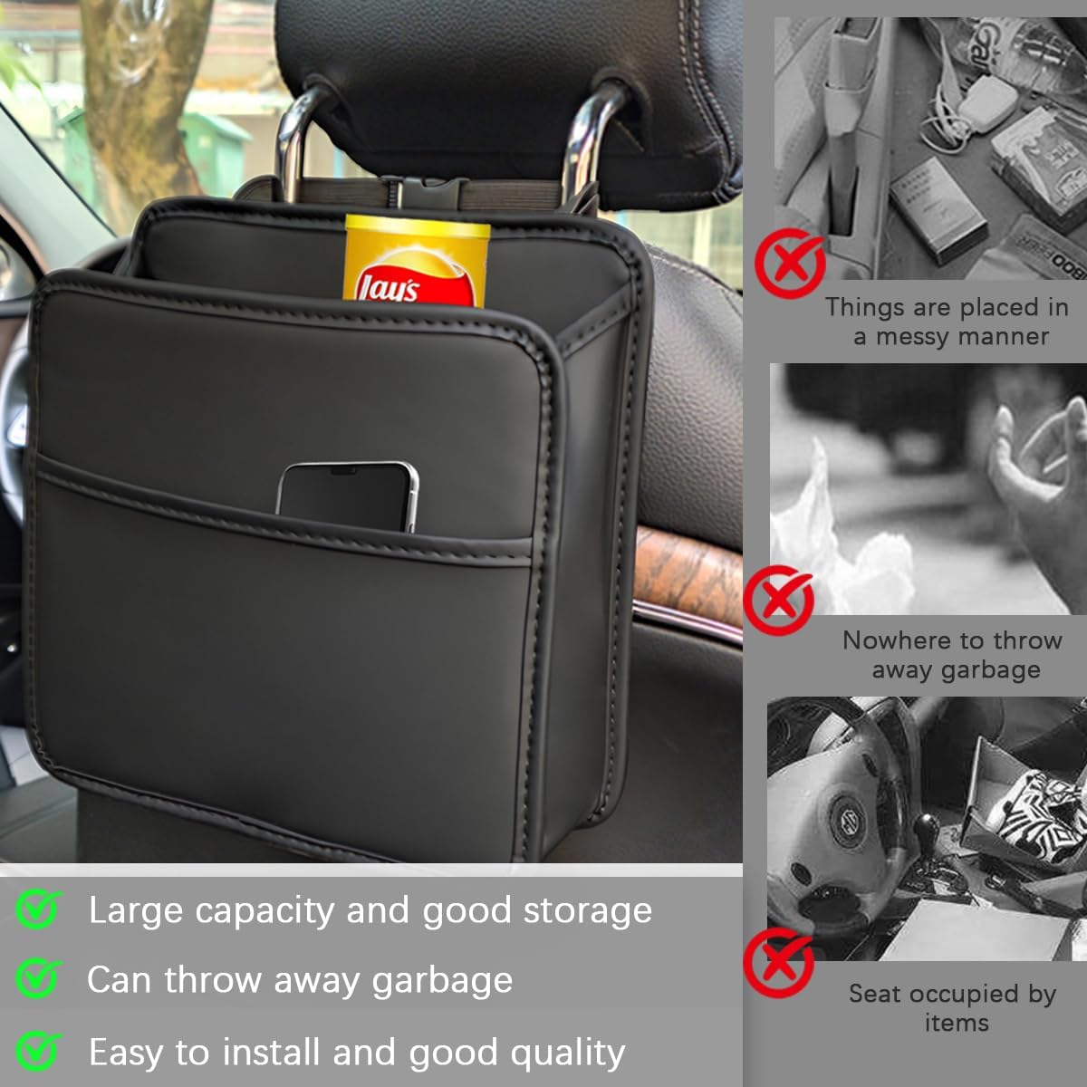Zpana Car Seat Back Organizer, Leather Multipurpose Hanging Vehicle Backseat Headrest Storage Bag, Automotive Pouch Pocket Organizer for Kids & Adults, Universal for Truck SUV Sedan (Black)