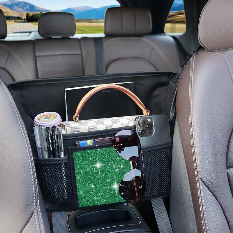 Green Diamond Car Handbag Holder Between Seats Bling Rhinestone Car Storage Bag Large Capacity Purse Phone Automotive Consoles Organizer Safe Barrier of Backseat Pet Kids