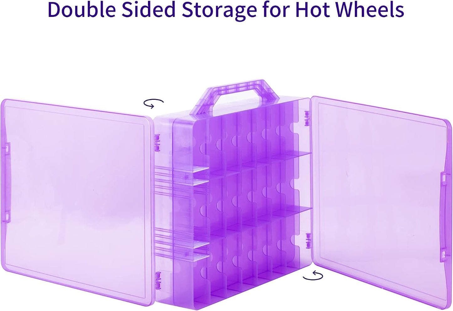Double Sided Toy Car Storage Case for 48 Toy Cars, Matchbox Cars, Mini Toys, Small Dolls, Portable Transparent Storage Case for Toy Cars, Matchbox Cars with 48 Compartments, Case Only