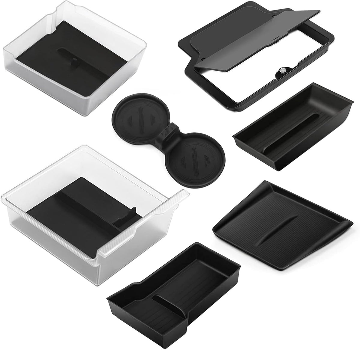 7PCS Center Console Organizer Kit for Tesla New Model Y Juniper, Double Layer Space Upper Lower Center Console Trays, Silicone Cup Holder and Charger Pad, Armrest Hidden Storage Box