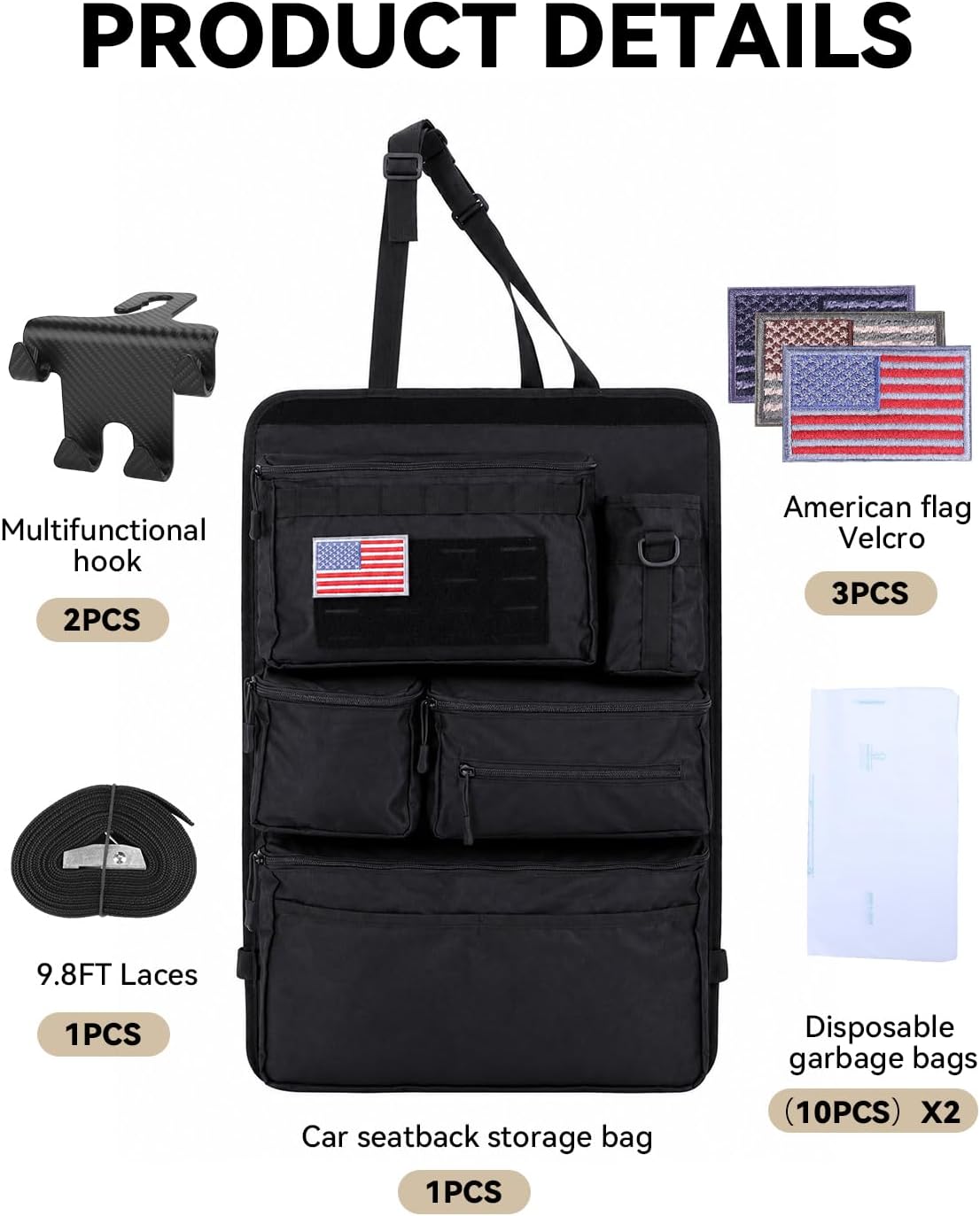 Tactical Car Seat Back Organizer Kit, MOLLE Vehicle Seat Organizer with Storage Panel, Strap, Hooks & Trash Bags, Universal Car Accessories for Truck SUV Jeep Interior Storage Organizer