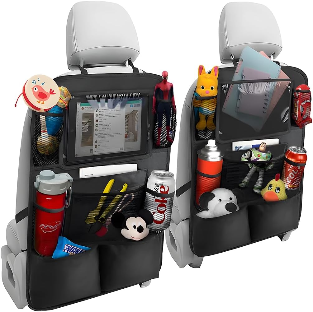 2PCS Car Seat Back Organizer, Waterproof Vehicle Storage Bag with Touch Screen Tablet Holder & 9 Pockets, Auto Kick Mats Back Seat Protector for Kids, Universal Travel Accessories (Gray/Large)