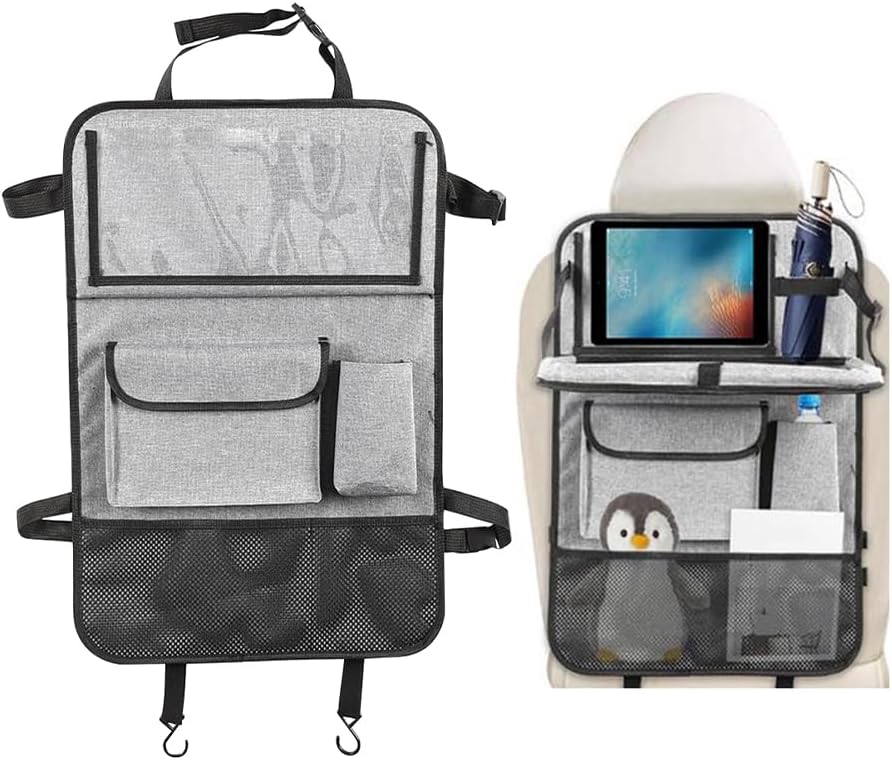 Car Backseat Organizer with Foldable Table Tray, 6 Storage Pocket Vehicle Seat Back Protector Kick Mat with Touch Screen Phone Holder, Auto Seat Organizer for Travel, Universal Fit (Black)