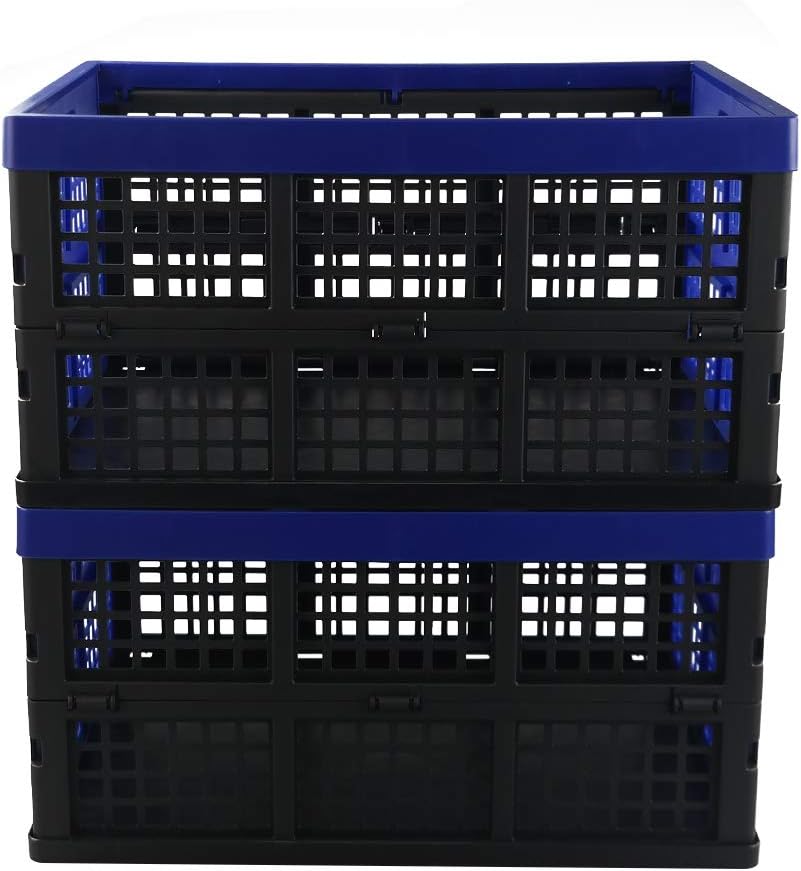 Hespama 35 Quart Folding Crates, Blue Collapsible Milk Crate Basket, 2 Pack