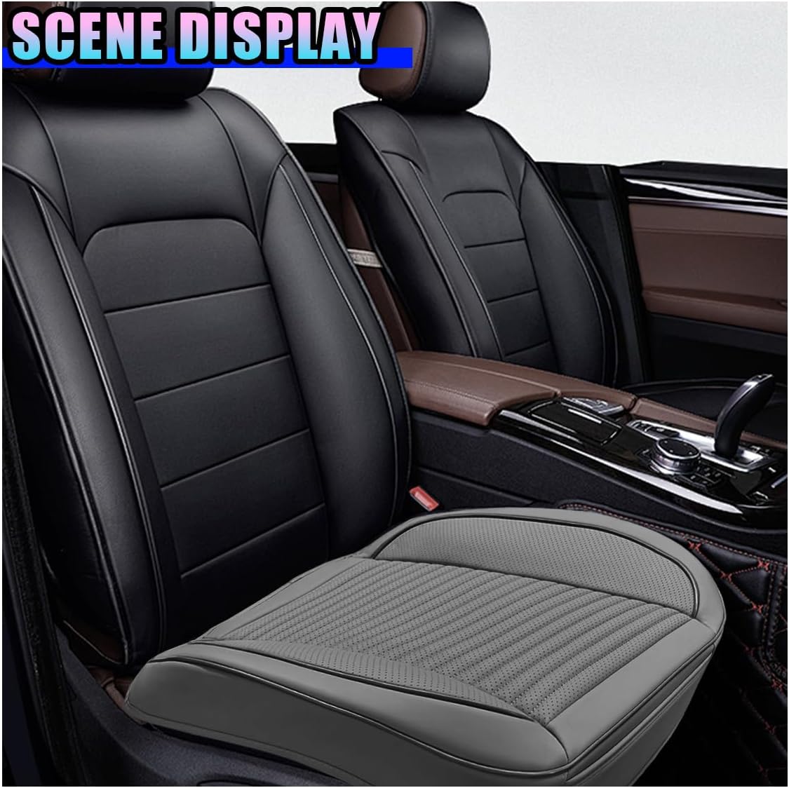 Car Front Bottom Seat Cover, Leather Anti-Slip Seat Cushion Pad with Storage Pocket, Breathable Full Wrapping Edge Seat Protector, Universal Auto Interior Accessories for Cars SUV Truck(Gray)