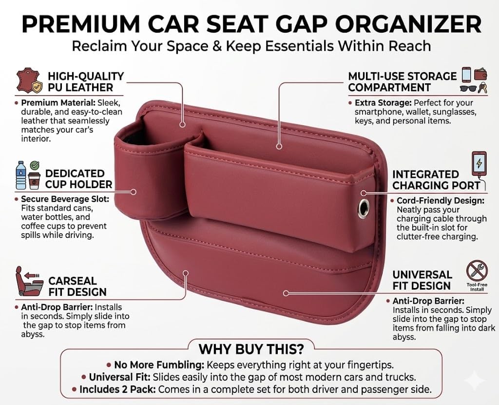 Car Seat Gap Filler Organizer with Cup Holder, Premium Leather Seat Gap Filler, Anti-Drop Car Seat Gap Organizer for Phone, Keys & Wallet, Universal Front Seat Console Organizer for Car, SUV & Truck