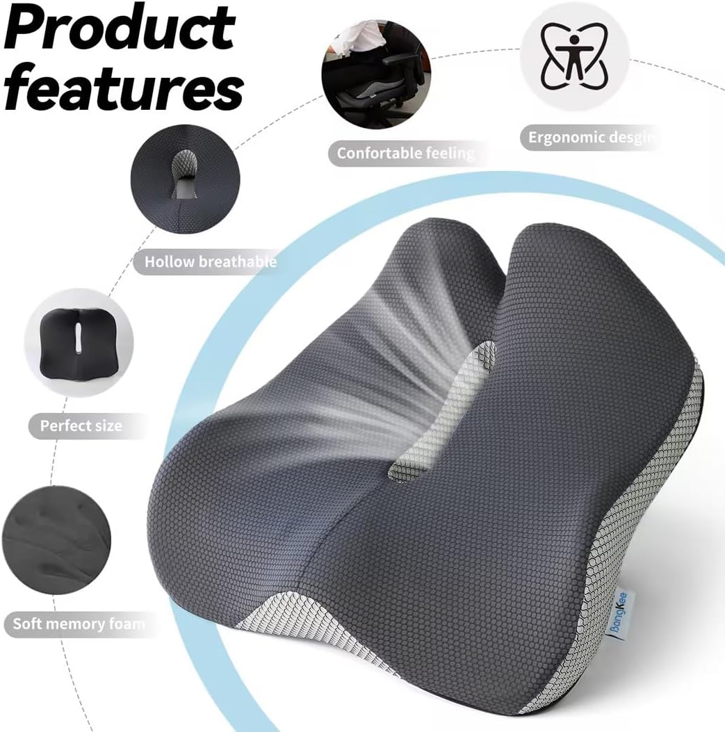 18x16 Inch Grey and Black Memory Foam Seat Cushion for Office Chair, Car Seat and Travel, Contoured Chair Pad with Removable Cover, Non-Slip Bottom and Carry Handle