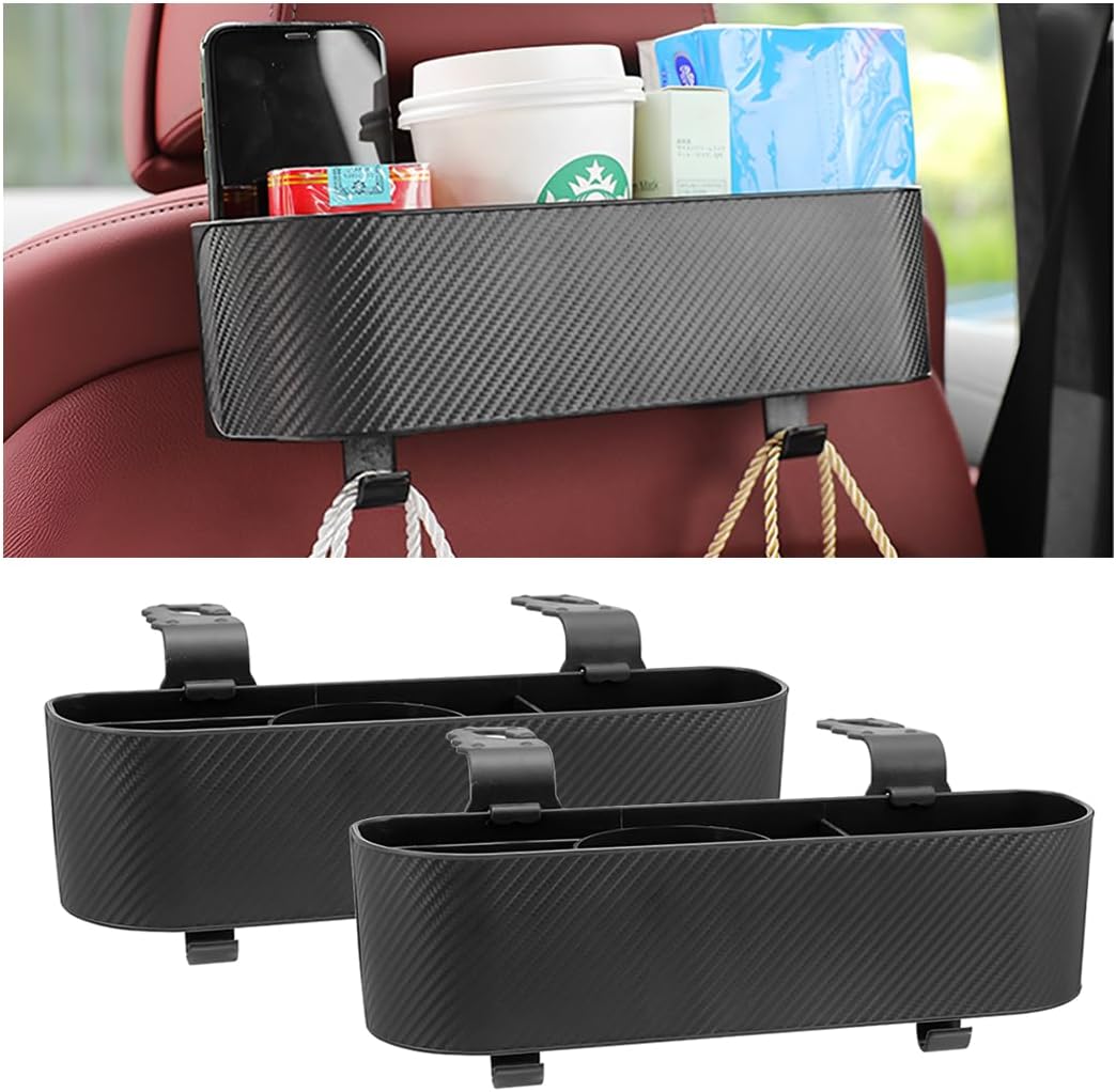 BELOMI 2PCS Car Headrest Backseat Organizer with Cup Holder, Seat Back Hanging Storage Box with Hooks, Multi-Functional Drink Pocket Food Snack Phone Tray for Kids, Car Travel Accessories（Red/2PCS）
