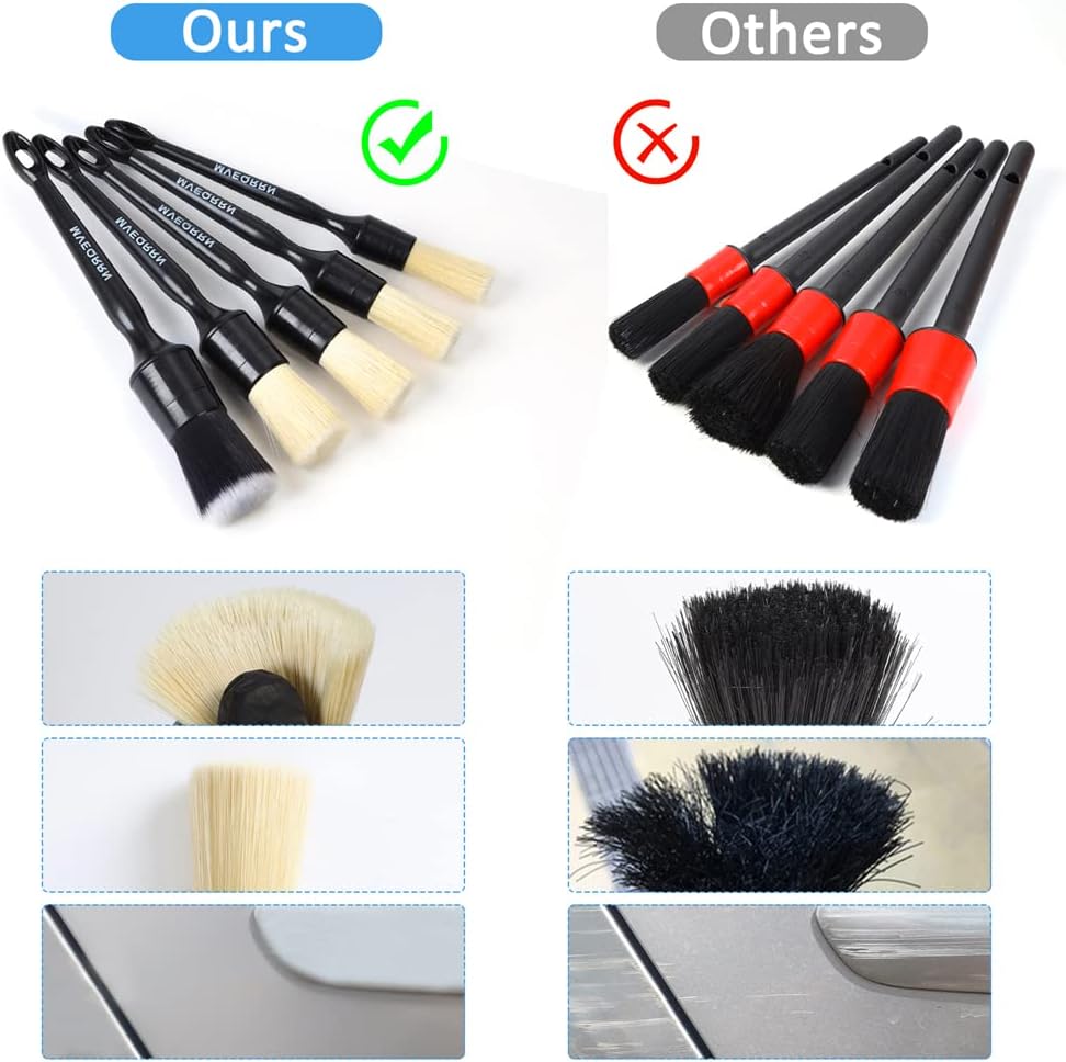 MVEQRRN 5pcs Car Detailing Brush Set, Boar Hair Car Detailing Brushes, Ultra Soft Scratch-Free Car Interior Detail Brush for Leather Seats,Detail Brushes Car Detailing for Interior Exterior.